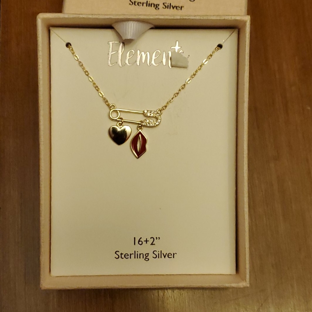 16" necklace w/ lips, heart, paper clip. Silver